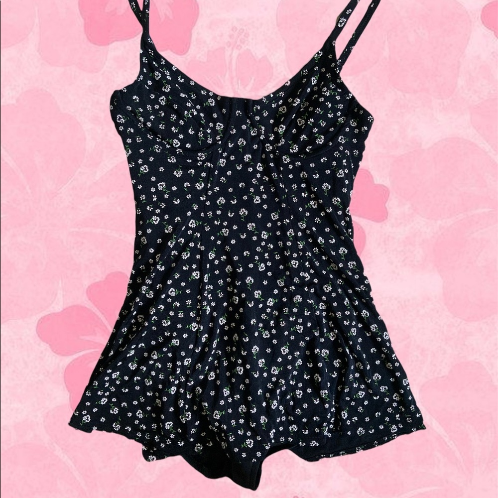 Vintage 90's BEACH CABANA Black Floral One Piece
Swimsuit Swim Dress, Size S